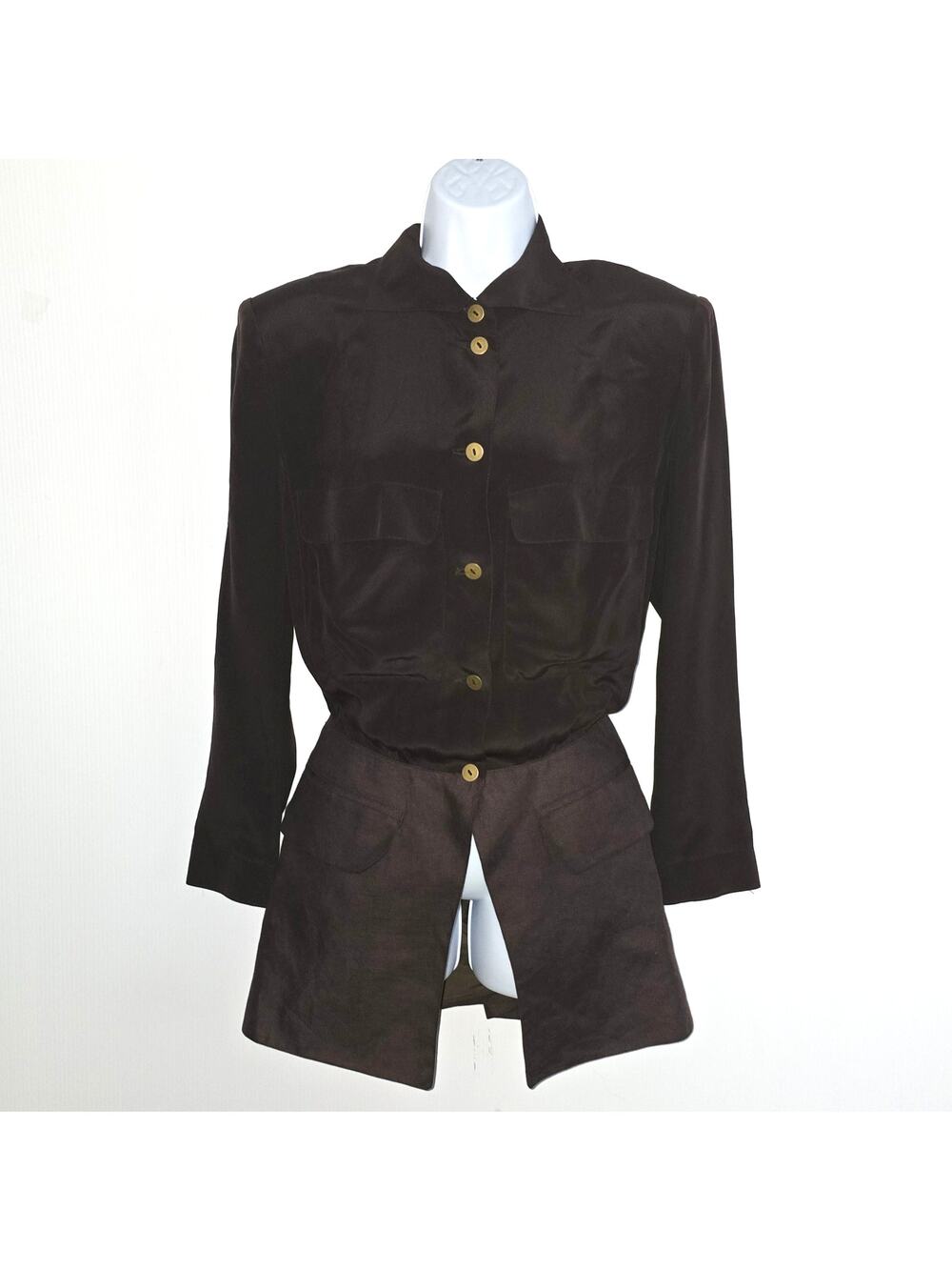 Vintage 1980's Claude Montana Blazer Blouse Brown Silk Raw Silk Button Front  8